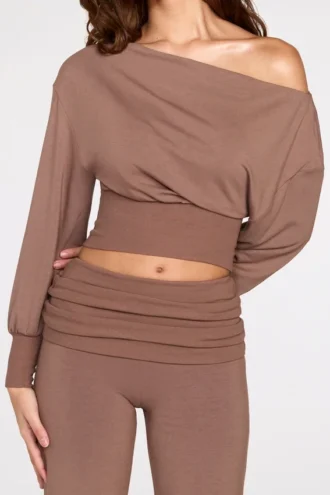Pantalon droit taille basse Thea en modal, couleur moka