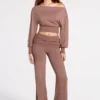 Pantalon droit taille basse Thea en modal, couleur moka