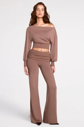 Pantalon droit taille basse Thea en modal, couleur moka