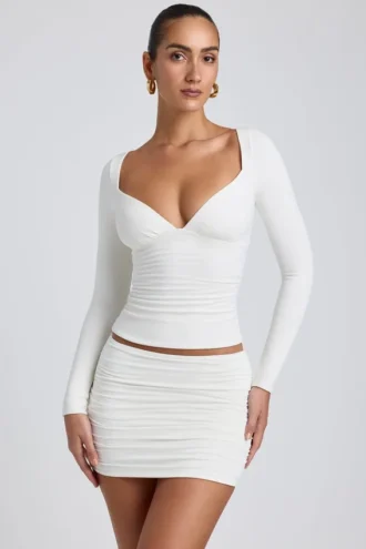 Haut à manches longues froncé Emry en modal, couleur blanc