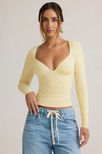 Haut à manches longues froncé Emry en Modal, couleur jaune crème