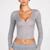 Haut à manches longues plongeant en jersey transparent Liah, gris Haut à manches longues plongeant en jersey transparent Liah, gris