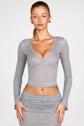 Haut à manches longues plongeant en jersey transparent Liah, gris