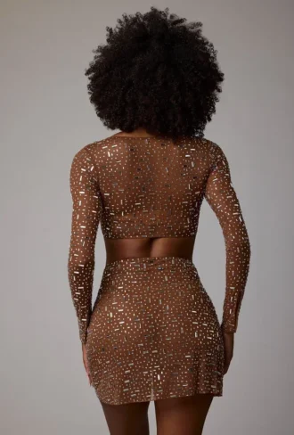 Jupe Thalassa transparente à taille en V ornée, couleur moka