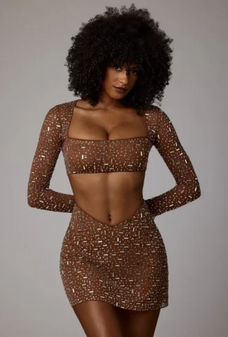 Jupe Thalassa transparente à taille en V ornée, couleur moka