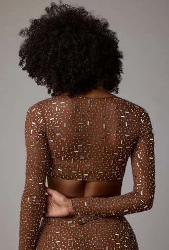 Haut à manches longues transparent orné Guilia, couleur Mocha
