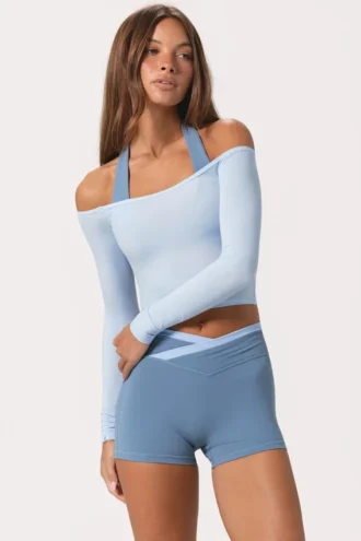 Haut à épaules dénudées en jersey doux, bleu poudre