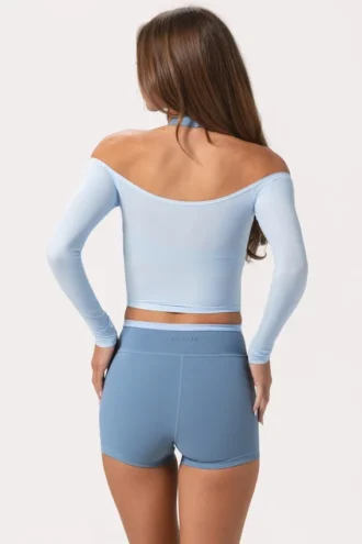 Haut à épaules dénudées en jersey doux, bleu poudre