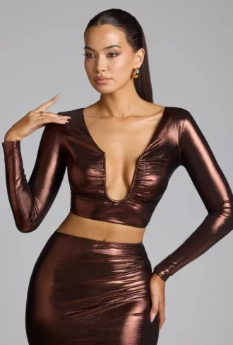 Haut Rana en jersey métallisé à encolure plongeante, couleur cuivre bronze