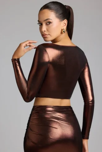 Haut Rana en jersey métallisé à encolure plongeante, couleur cuivre bronze