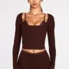 Haut-soutien-gorge à lacets à manches longues en modal côtelé Margaux, couleur chocolat Haut-soutien-gorge à lacets à manches longues en modal côtelé Margaux, couleur chocolat