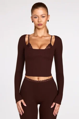 Haut-soutien-gorge à lacets à manches longues en modal côtelé Margaux, couleur chocolat