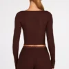 Haut-soutien-gorge à lacets à manches longues en modal côtelé Margaux, couleur chocolat Haut-soutien-gorge à lacets à manches longues en modal côtelé Margaux, couleur chocolat