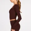 Haut-soutien-gorge à lacets à manches longues en modal côtelé Margaux, couleur chocolat Haut-soutien-gorge à lacets à manches longues en modal côtelé Margaux, couleur chocolat