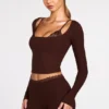 Haut-soutien-gorge à lacets à manches longues en modal côtelé Margaux, couleur chocolat Haut-soutien-gorge à lacets à manches longues en modal côtelé Margaux, couleur chocolat