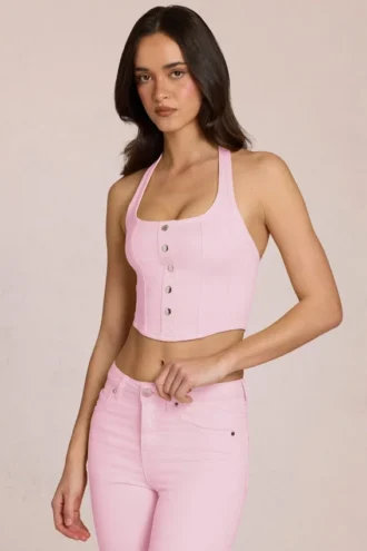 Haut style corset à dos nu en denim Elowis, rose pâle