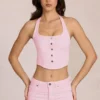 Haut style corset à dos nu en denim Elowis, rose pâle Haut style corset à dos nu en denim Elowis, rose pâle