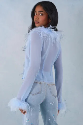 Haut transparent Elisia à bordure de plumes, bleu pâle