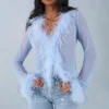 Haut transparent Elisia à bordure de plumes, bleu pâle Haut transparent Elisia à bordure de plumes, bleu pâle