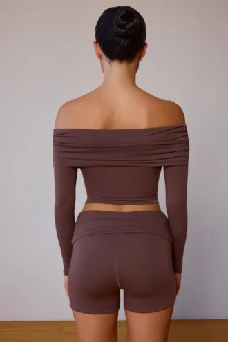 Haut transparent à manches longues et épaules dénudées, couleur marron taupe