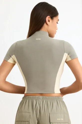 Haut zippé en jersey de coton color block, couleur minérale