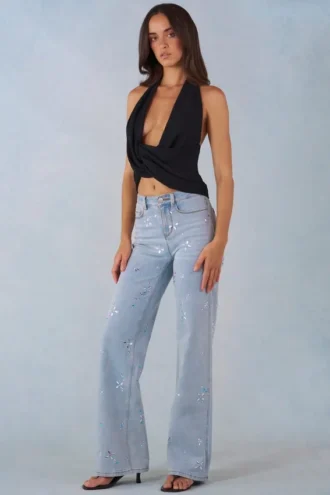 Jean droit à taille mi-haute Lorielle en denim clair