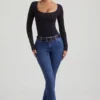 Jean évasé taille haute Jacey, délavage indigo