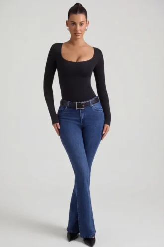 Jean évasé taille haute Jacey, délavage indigo