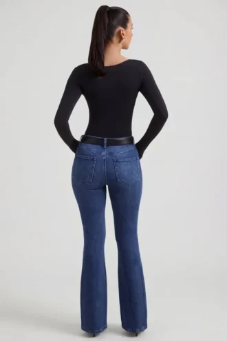Jean évasé taille haute Jacey, délavage indigo