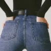Jean évasé taille haute Jacey, délavage indigo