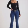 Jean évasé taille haute Jacey, délavage indigo