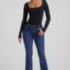 Jean évasé taille haute Jacey, délavage indigo