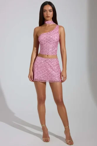 Jupe A-line à taille basse et ornements Adhara, rose