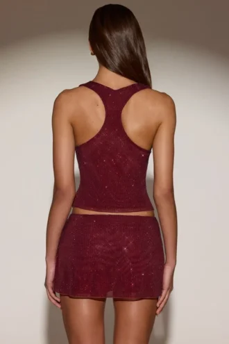 Haut à encolure dégagée et dos nageur en jersey orné de strass Aine, couleur bordeaux
