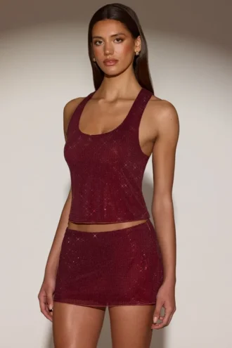 Haut à encolure dégagée et dos nageur en jersey orné de strass Aine, couleur bordeaux