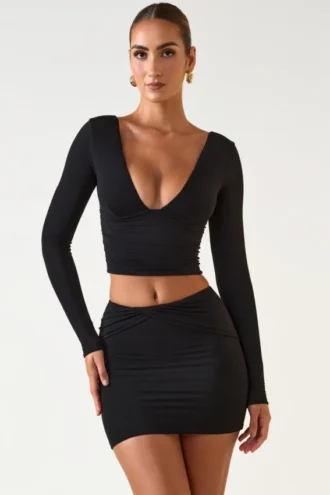 Jupe Aliz en modal à devant torsadé et taille mi-haute, couleur noire