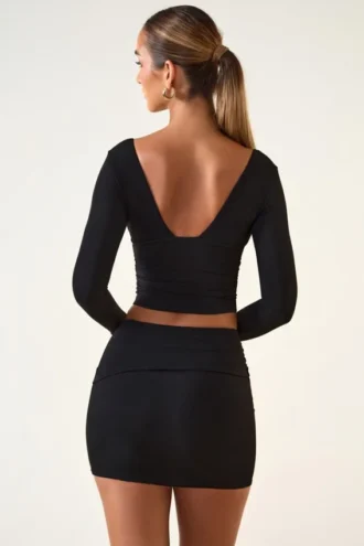 Jupe Aliz en modal à devant torsadé et taille mi-haute, couleur noire
