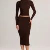 Jupe crayon midi Aven en modal, taille mi-haute, couleur marron chocolat