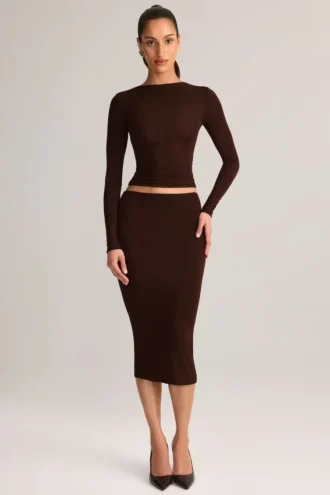 Jupe crayon midi Aven en modal, taille mi-haute, couleur marron chocolat