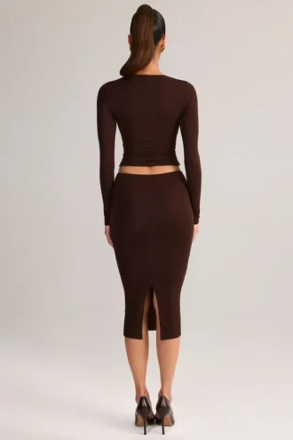 Jupe crayon midi Aven en modal, taille mi-haute, couleur marron chocolat