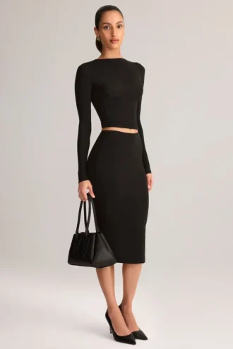Jupe crayon midi Aven en modal, taille mi-haute, couleur noire