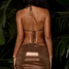 Jupe de maillot de bain micro-mini froncée métallisée, marron
