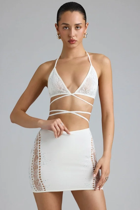 Jupe Joni à taille mi-haute et ornements, couleur ivoire Jupe Joni à taille mi-haute et ornements, couleur ivoire