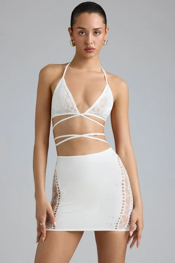 Jupe Joni à taille mi-haute et ornements, couleur ivoire Jupe Joni à taille mi-haute et ornements, couleur ivoire
