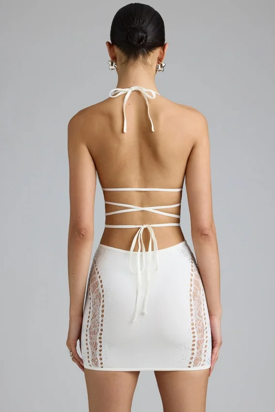 Jupe Joni à taille mi-haute et ornements, couleur ivoire Jupe Joni à taille mi-haute et ornements, couleur ivoire