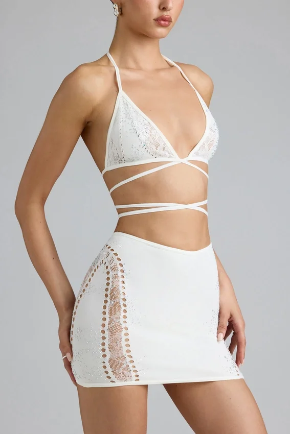Jupe Joni à taille mi-haute et ornements, couleur ivoire Jupe Joni à taille mi-haute et ornements, couleur ivoire