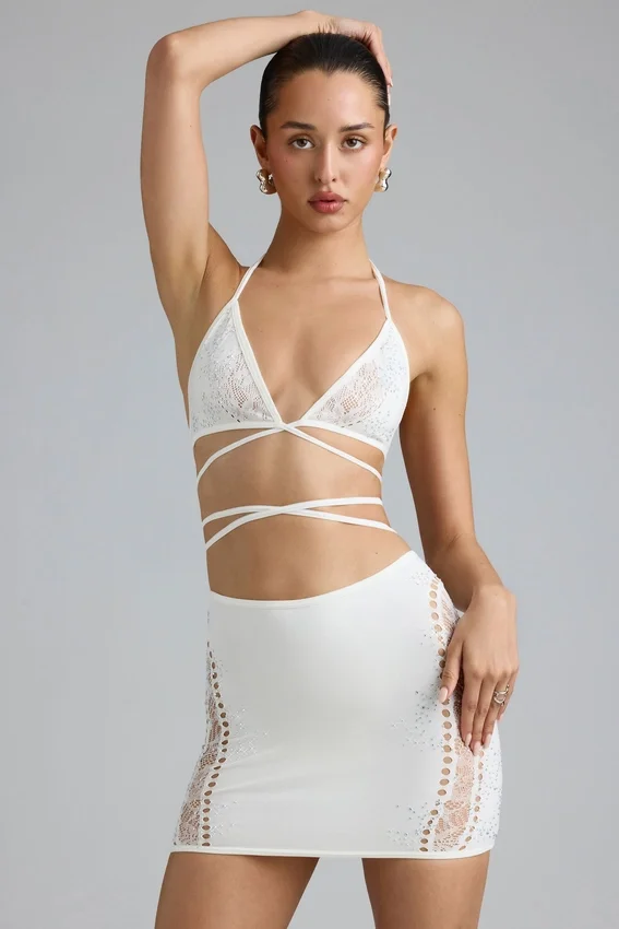 Jupe Joni à taille mi-haute et ornements, couleur ivoire Jupe Joni à taille mi-haute et ornements, couleur ivoire