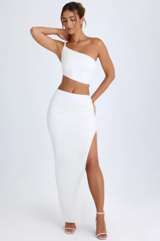 Jupe longue asymétrique froncée Ishaana, blanche