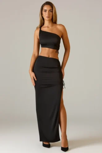 Jupe longue asymétrique froncée Ishaana, couleur noire