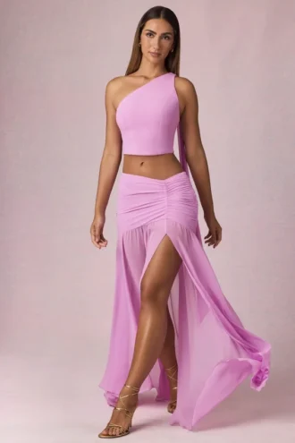 Jupe longue asymétrique froncée Romy en rose orchidée